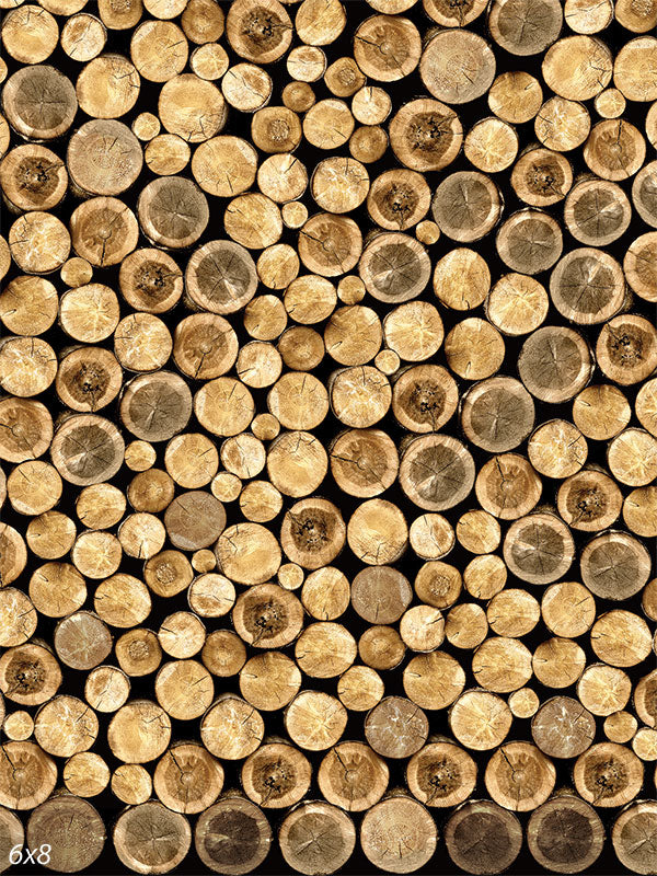 Stacked Wood Photography Backdrop - Photography backdrop featuring a detailed image of stacked wooden logs in natural earthy tones.