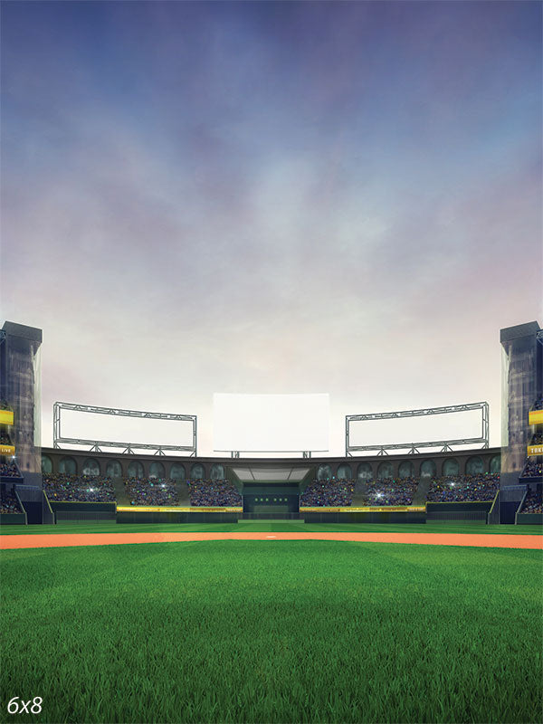 Stadium Sports Photography Backdrop - Stadium sports photography backdrop featuring a detailed green turf, grandstands, and a dynamic sky, perfect for sports-themed photoshoots.