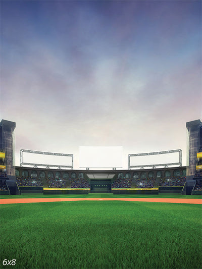 Stadium Sports Photography Backdrop - Stadium sports photography backdrop featuring a detailed green turf, grandstands, and a dynamic sky, perfect for sports-themed photoshoots.