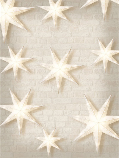 Starry Night Paper Lantern Photography Backdrop - A photography backdrop featuring glowing paper star lanterns against a soft brick wall, perfect for celestial and festive shoots.