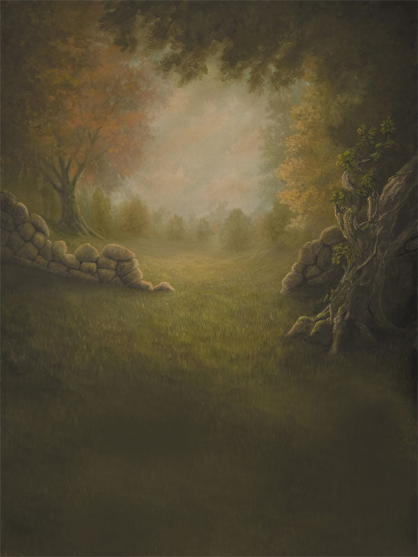 Hand-painted forest backdrop with open meadow, rustic stone walls, and soft tree light.