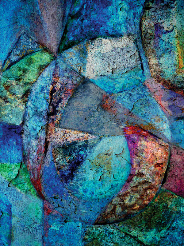 Abstract cracked stone backdrop with layered blue, teal, and rust-toned forms.