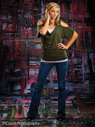 Backdrop with a controlled yet chaotic blend of painted brush grid lines.