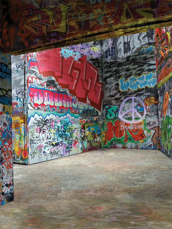 Subway-themed photo backdrop with bold graffiti wall art.