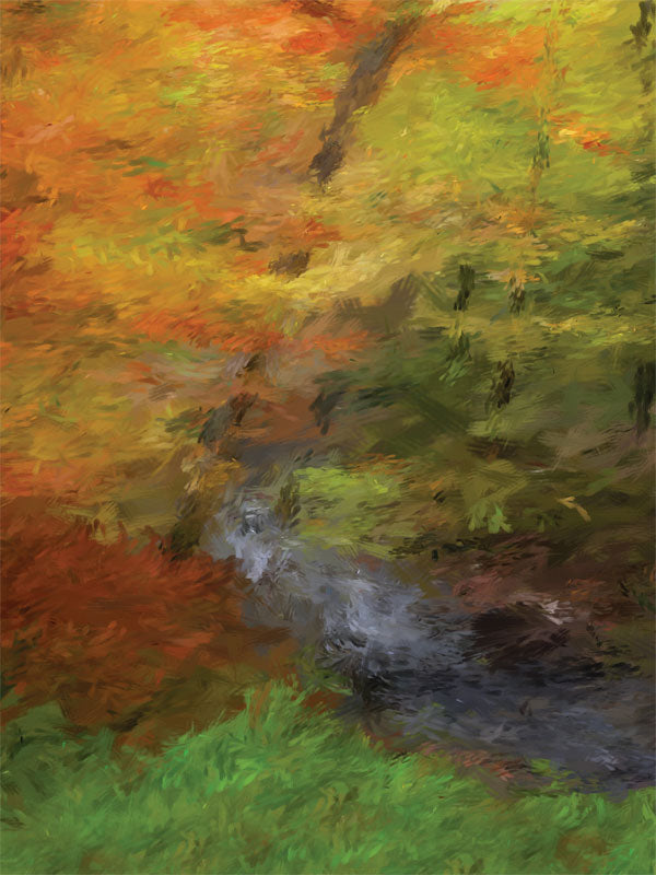 Golden autumn forest with flowing creek and painterly trees.