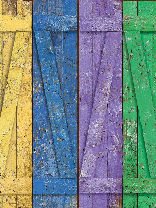 Vibrant, multi-colored rustic wooden shutters backdrop with chipped paint, perfect for professional photography in a variety of styles.