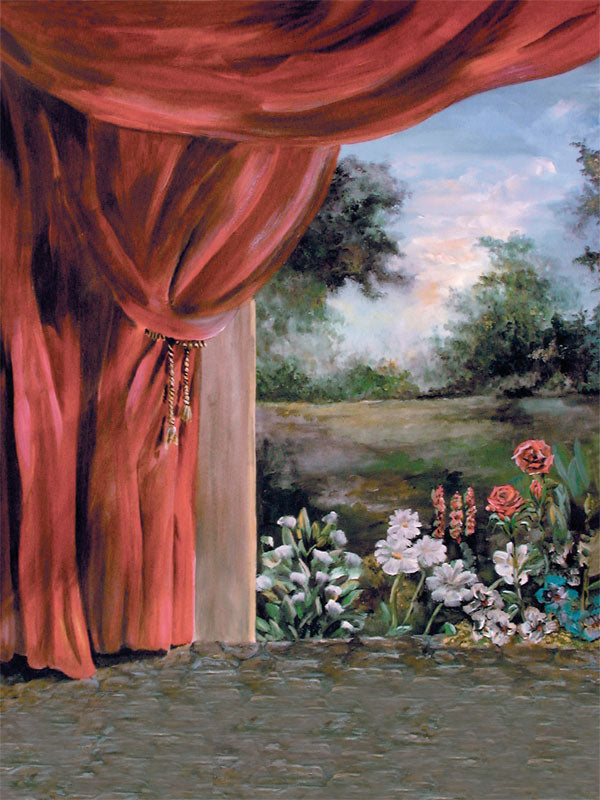 A vintage-inspired photography backdrop featuring red drapery and a lush garden scene.