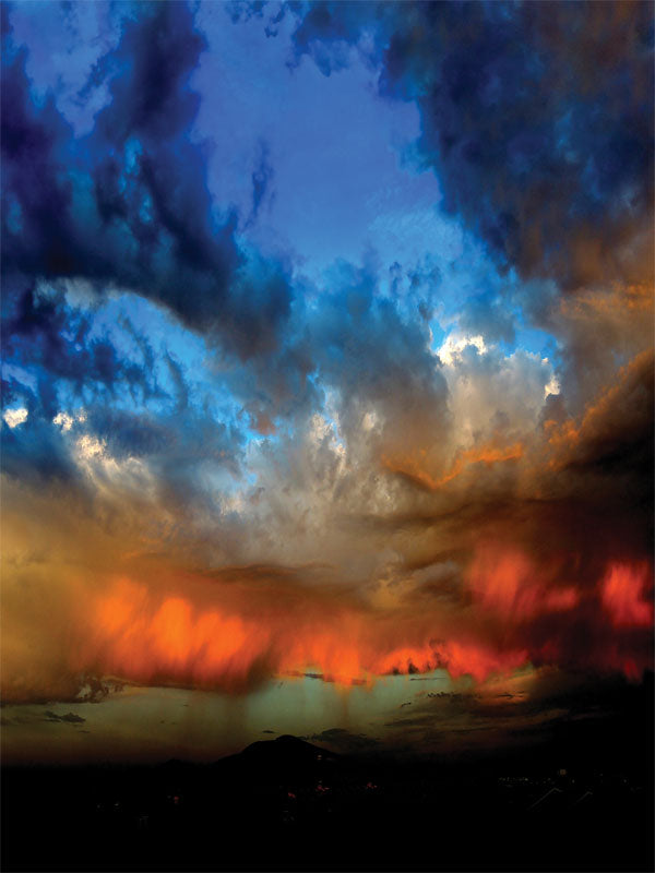 Sunset Storm Sky Photography Backdrop - Photography backdrop featuring a dramatic sunset sky with swirling storm clouds, deep blues, and fiery orange-red hues.