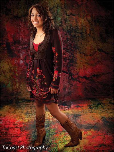 Backdrop simulating old walls with cracks and pigment erosion.