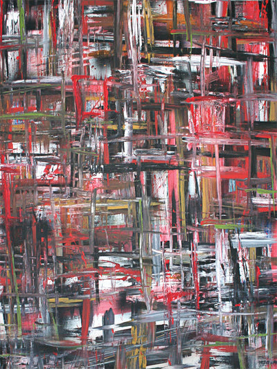 A layered grid of red, black, white, and gold brush strokes forming an abstract urban texture.