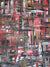 A layered grid of red, black, white, and gold brush strokes forming an abstract urban texture.