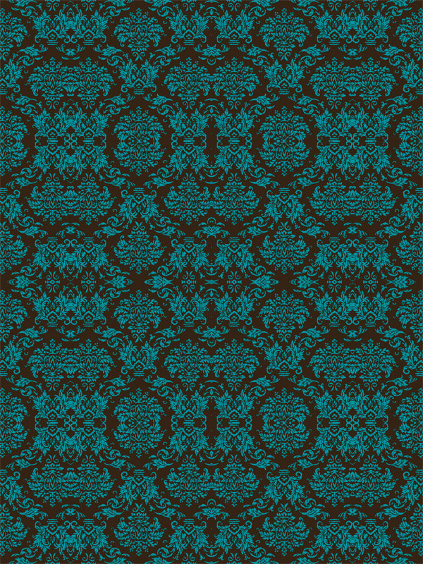 Ornate teal damask motif on a deep black background with rich detail.