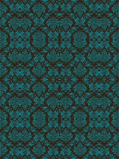 Ornate teal damask motif on a deep black background with rich detail.