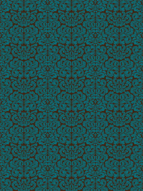 Rich teal damask pattern on dark brown background for formal portraits.