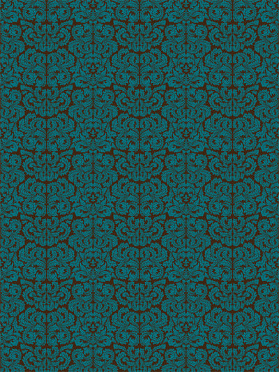 Rich teal damask pattern on dark brown background for formal portraits.