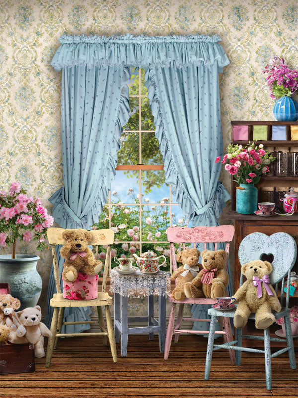 Teddy Bear Tea Party Photography Backdrop - Teddy Bear Tea Party Photography Backdrop featuring a vintage tea setting with teddy bears, antique chairs, and a lace-covered table for children’s portraits.