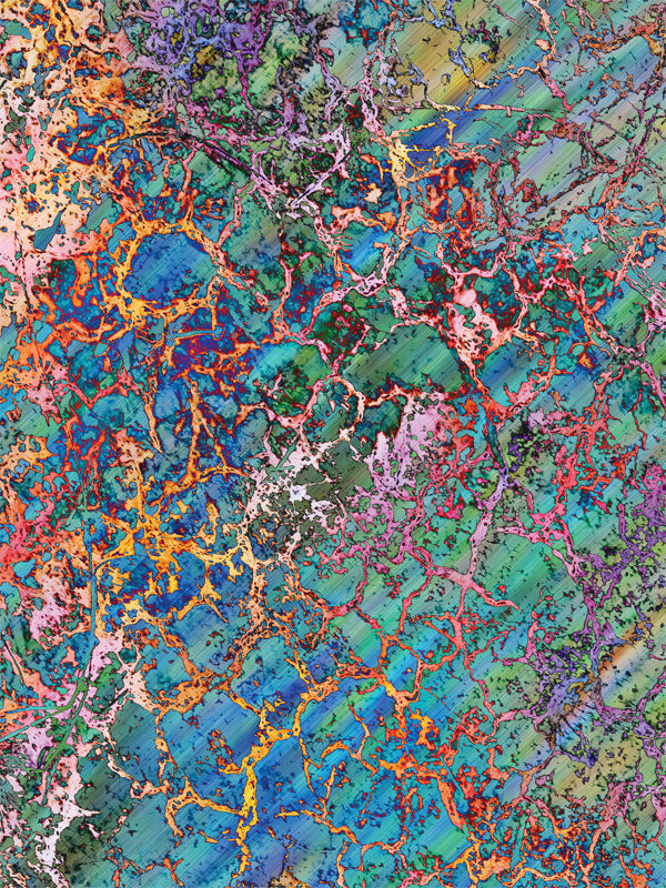 Bold abstract backdrop featuring cracked surface textures in vivid blue, orange, green, and purple tones.