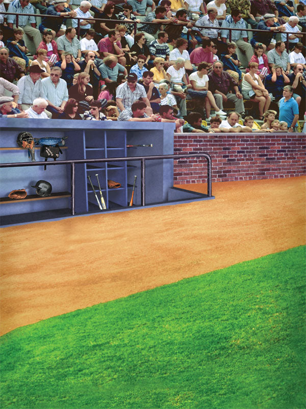 Baseball photography backdrop with a full dugout setup, visible gear, and a cheering crowd behind the brick wall.