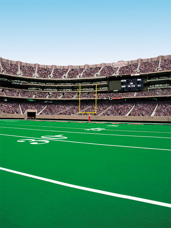 A dynamic football photography backdrop featuring a stadium, goalposts, and a vibrant green field.