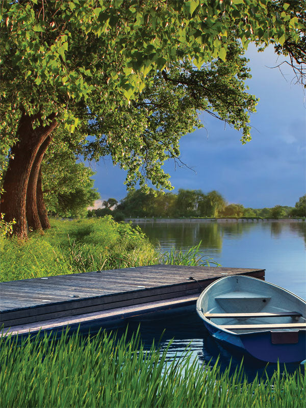 Tranquil Lakeside Dock Photography Backdrop - Serene lakeside dock photography backdrop with a wooden dock, rowboat, and lush greenery, ideal for outdoor-themed photoshoots.