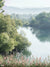 Tranquil Riverbank Photography Backdrop - Serene riverbank photography backdrop with misty trees, lush greenery, and soft wildflowers.