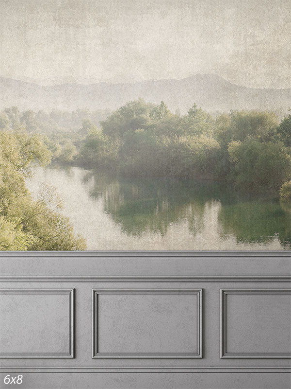 Tranquil Riverside Photography Backdrop - Misty riverside photography backdrop with lush greenery and grey paneling, perfect for nature-themed photoshoots.