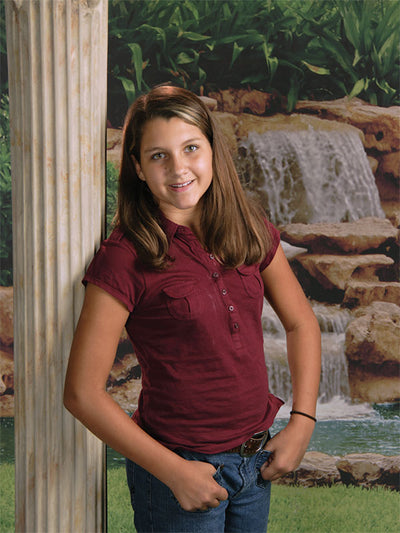A peaceful forest waterfall photography backdrop with a lush green landscape, ideal for outdoor-themed photography and portrait sessions.