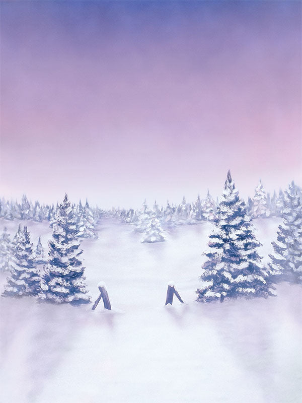 Serene snow-covered evergreen trees under a soft lavender winter sky.