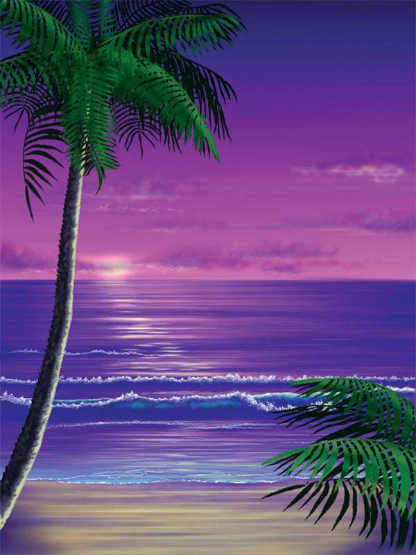 Tropical beach sunset photography backdrop with soft ocean waves, vibrant purple skies, and lush palm trees for dreamy portraits.