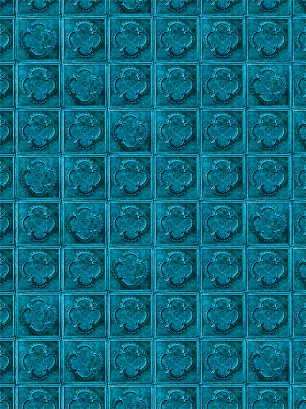 Ornate turquoise tile backdrop with embossed floral pattern in aged patina finish.
