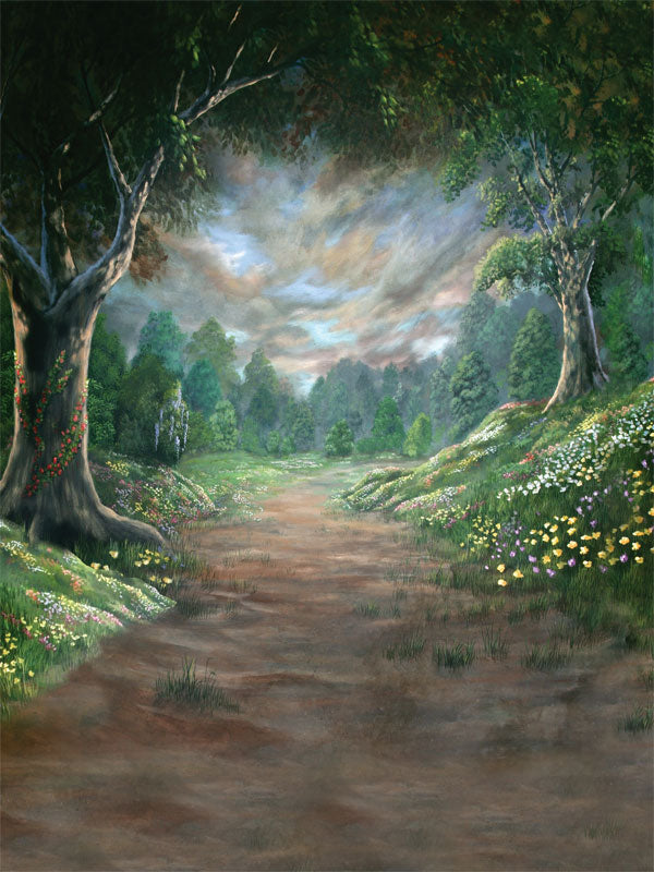 A twilight-inspired backdrop featuring a dirt forest path lined with wildflowers, beneath a dramatic sky and surrounded by dense green trees.