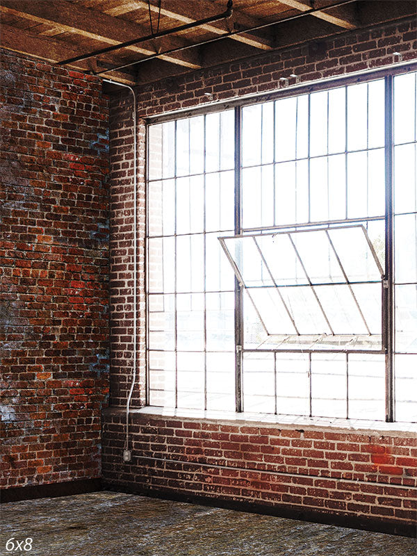 Urban Loft Brick Wall Photography Backdrop - Photography backdrop featuring an exposed brick wall with a large grid-patterned window for urban-themed photoshoots.