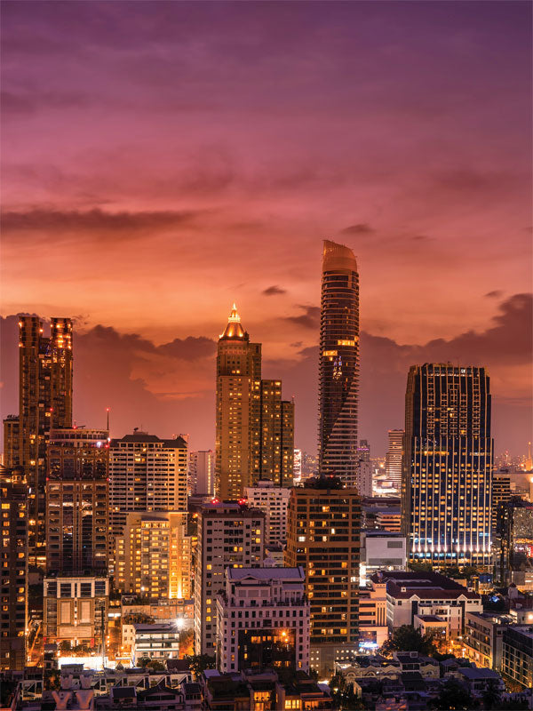 Urban Twilight Skyline Photography Backdrop - A vibrant twilight city skyline photography backdrop, featuring glowing buildings and deep purple skies for urban-themed photoshoots.