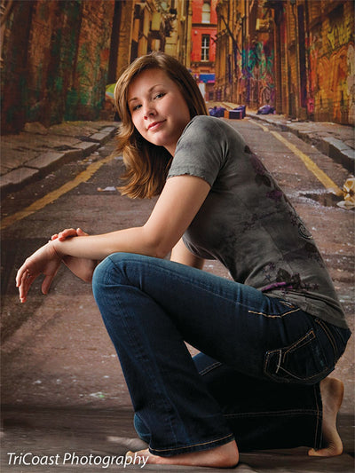 Realistic alley scene with dumpsters and graffiti, perfect for moody shoots.