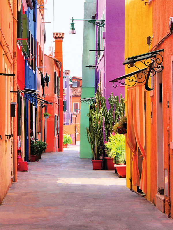 Vibrant Alleyway Photography Backdrop - Vibrant Mediterranean alleyway photography backdrop with colorful buildings, perfect for lively photoshoots.