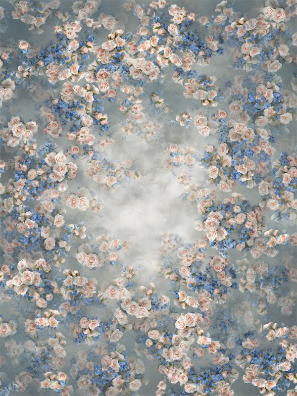 Victorian Floral Dream Photography Backdrop - Victorian-style floral photography backdrop with pastel pink roses and blue flowers against a soft gray background.