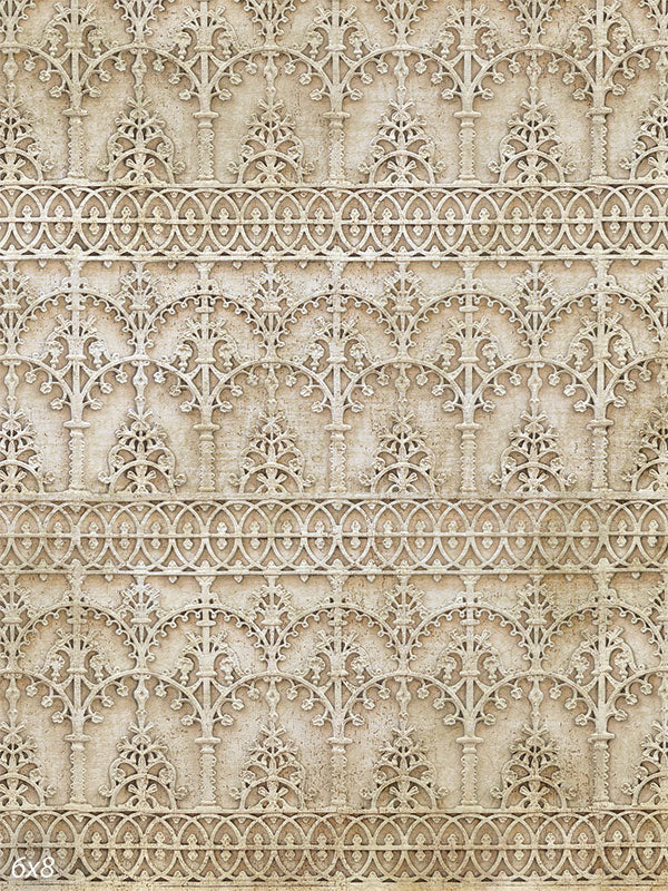 Victorian Lace Pattern Photography Backdrop - Victorian lace pattern photography backdrop with ornate arches and floral detailing in soft beige tones.