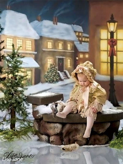 Illuminated windows with wreaths and ribbons in a snow-filled setting.