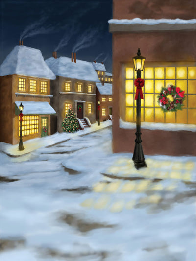 Festive winter street with Christmas tree and vintage gas lamps.