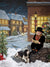 Brick buildings, snow-covered road, and holiday decorations.