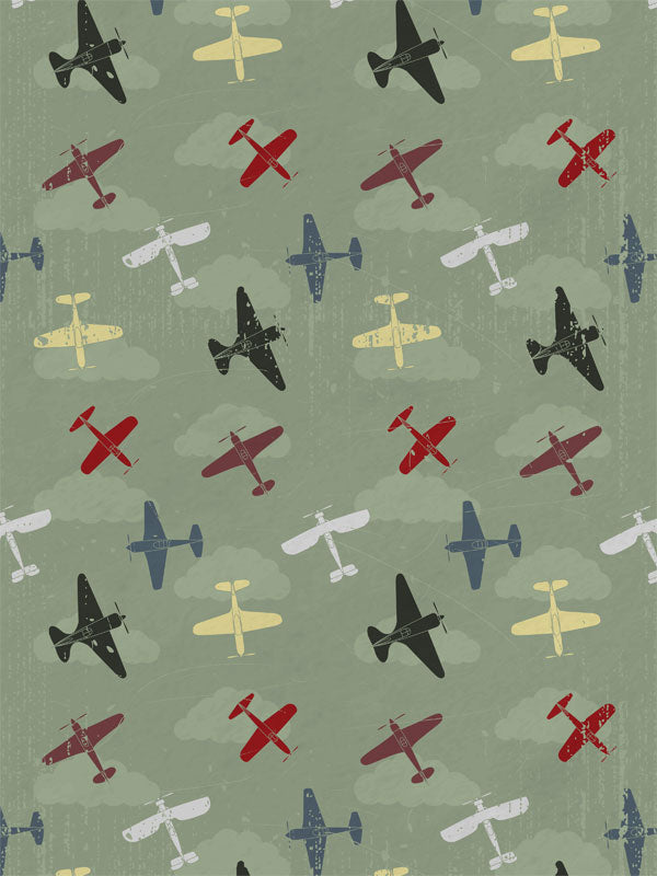 Vintage Airplane Photography Backdrop - Aviation-themed photography backdrop featuring vintage airplanes in red, black, yellow, blue, and white on a green background with clouds.