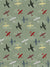 Vintage Airplane Photography Backdrop - Aviation-themed photography backdrop featuring vintage airplanes in red, black, yellow, blue, and white on a green background with clouds.