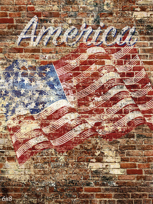 Vintage America Flag Wall Photography Backdrop - A weathered American flag painted on a distressed brick wall with the word "America" scripted above it, perfect for patriotic-themed photography.