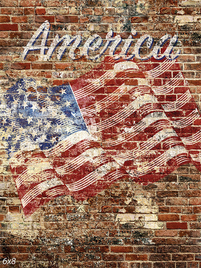 Vintage America Flag Wall Photography Backdrop - A weathered American flag painted on a distressed brick wall with the word "America" scripted above it, perfect for patriotic-themed photography.
