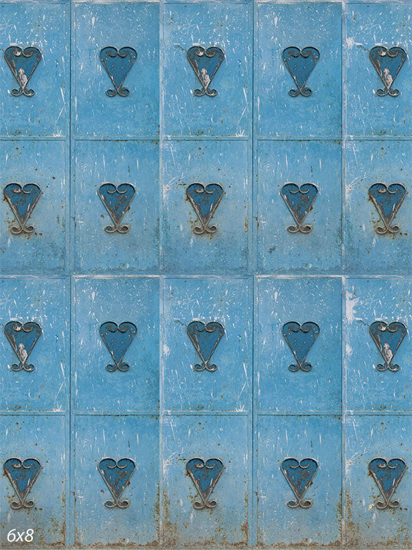 Vintage Blue Metal Locker Photography Backdrop - Photography backdrop featuring distressed blue metal lockers with heart-shaped latches, perfect for a vintage industrial look.