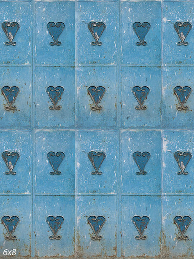 Vintage Blue Metal Locker Photography Backdrop - Photography backdrop featuring distressed blue metal lockers with heart-shaped latches, perfect for a vintage industrial look.