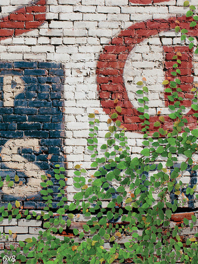 Vintage Brick Wall with Ivy Photography Backdrop - Vintage brick wall photography backdrop with green ivy and faded advertising art.