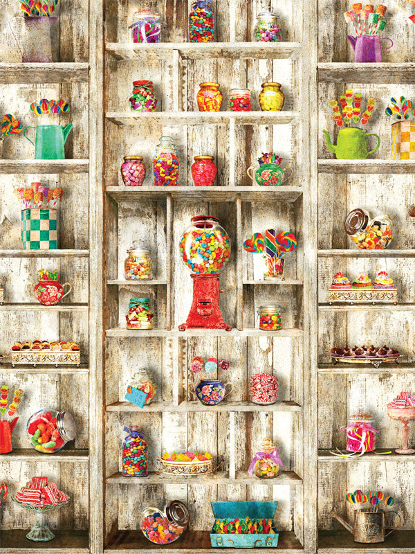 Vintage Candy Shop Display Photography Backdrop - Vintage candy shop display photography backdrop featuring colorful sweets and rustic wooden shelves.