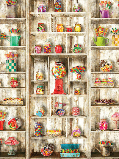 Vintage Candy Shop Display Photography Backdrop - Vintage candy shop display photography backdrop featuring colorful sweets and rustic wooden shelves.