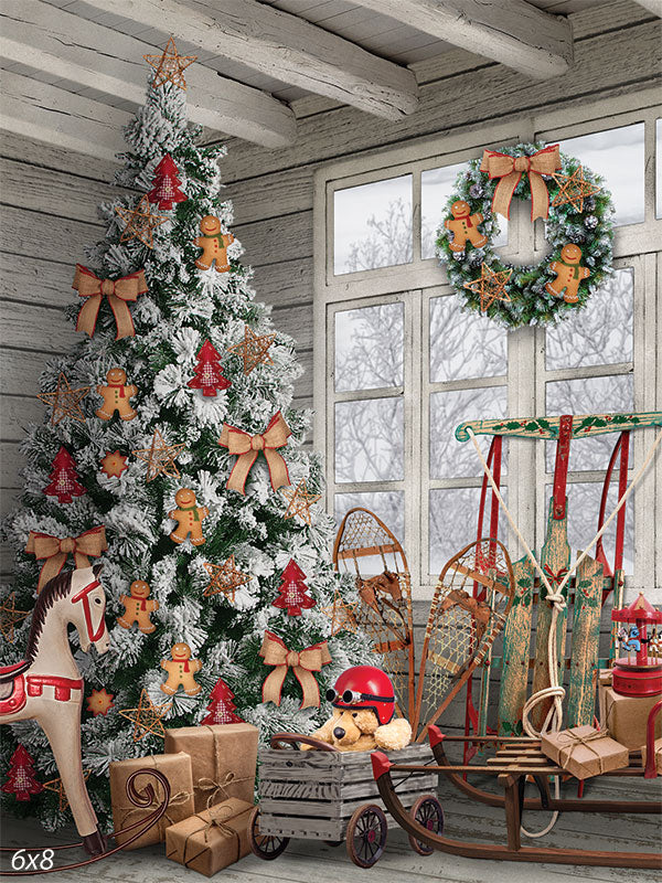 Vintage Christmas Cabin Photography Backdrop - Photography backdrop featuring a cozy Christmas cabin scene with a decorated tree, vintage holiday props, and a snowy winter landscape view.